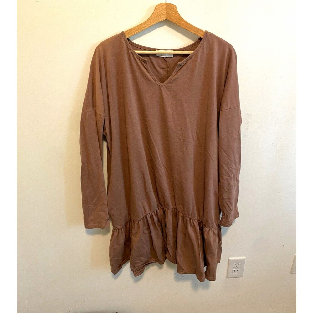 Liam & Co. Women’s Brown Solid V-Neck Long Sleeve Shift Short Ruffle Dress XL